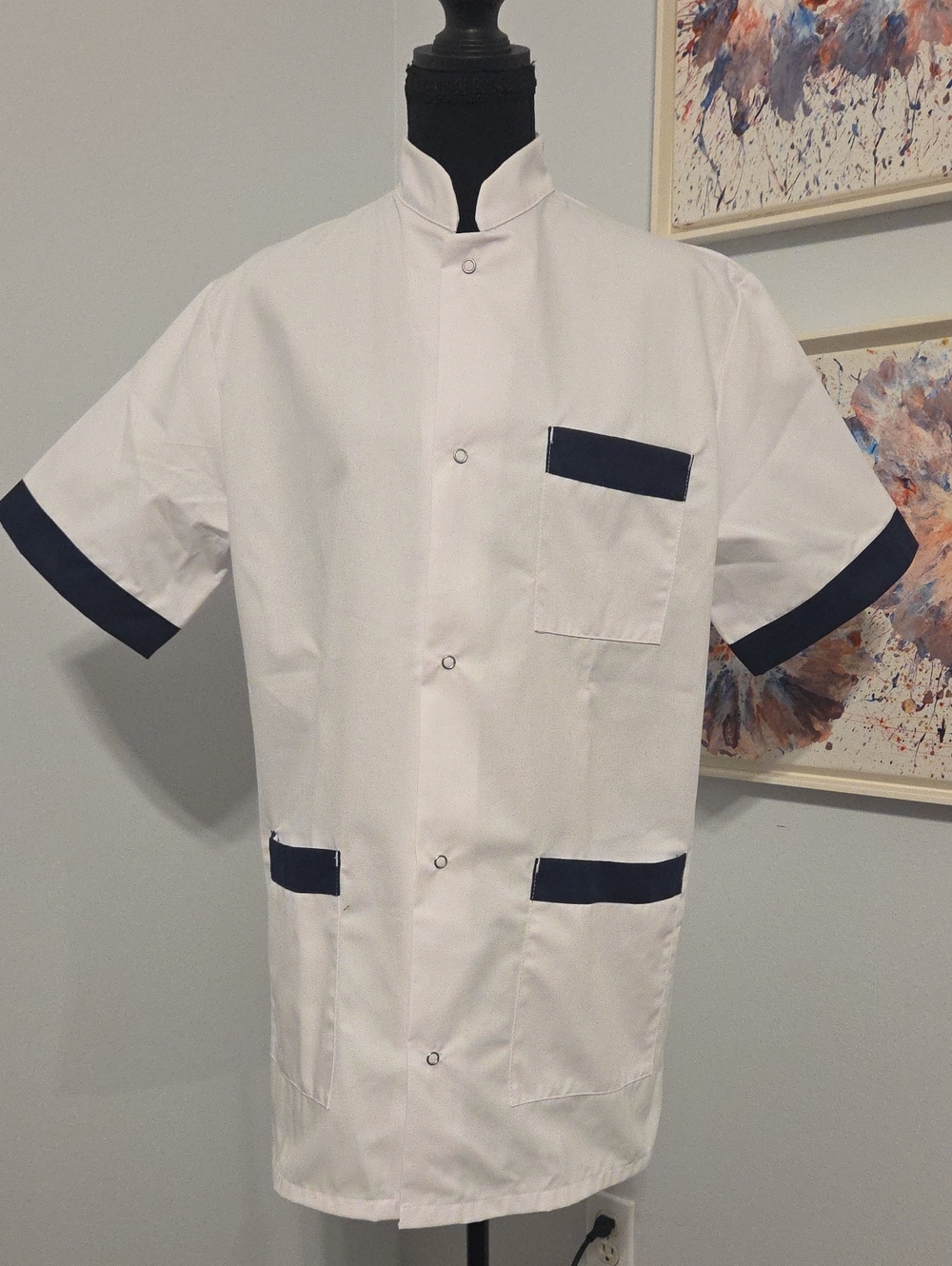 Men's White Button-Down Premium Tunic - Workwear  Shirt with Navy Trim